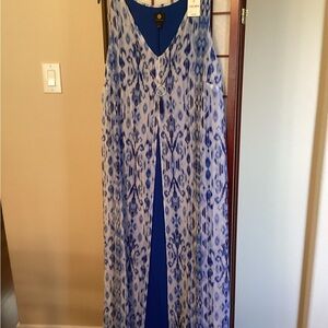 JM Collection Blue and White Sleeveless V-Neck Sundress